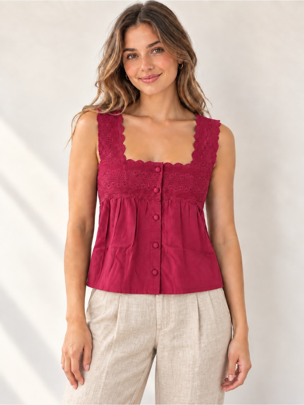 NWT Sonmer Catalina Magenta Cotton Eyelet Lace Button Front Top M